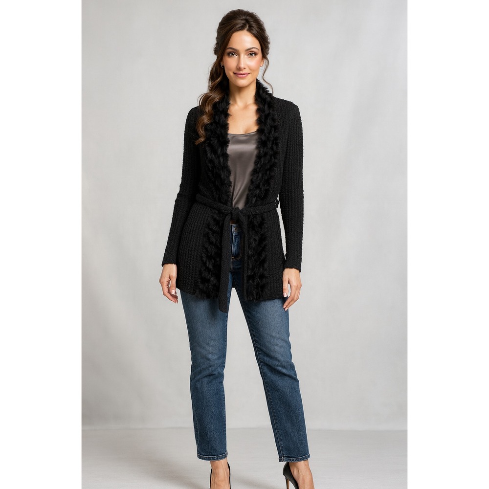 Dolce Cabo Cardigan‎ Womens S Black Open Faux Fur Trim Belted Thermal Cable Knit